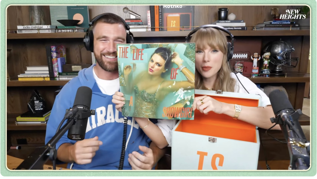 Taylor Swift was writing songs about Travis Kelce all along, the pop icon stated in her debut appearance on the New Heights podcast. Photo: YouTube
